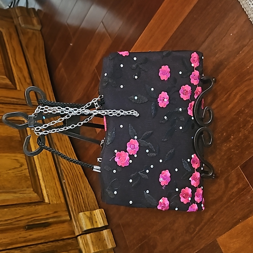 Nina New York, Embroidered Hot Pink & Black Sparkle Purse, two strap options